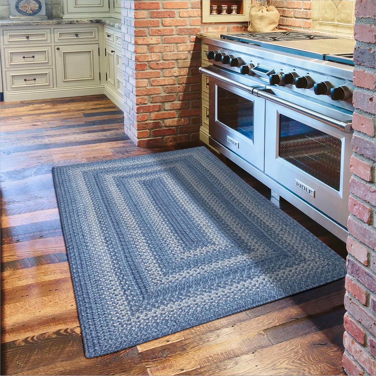Denim Blue Rectangular Braided Rug for Entryway and Kitchen