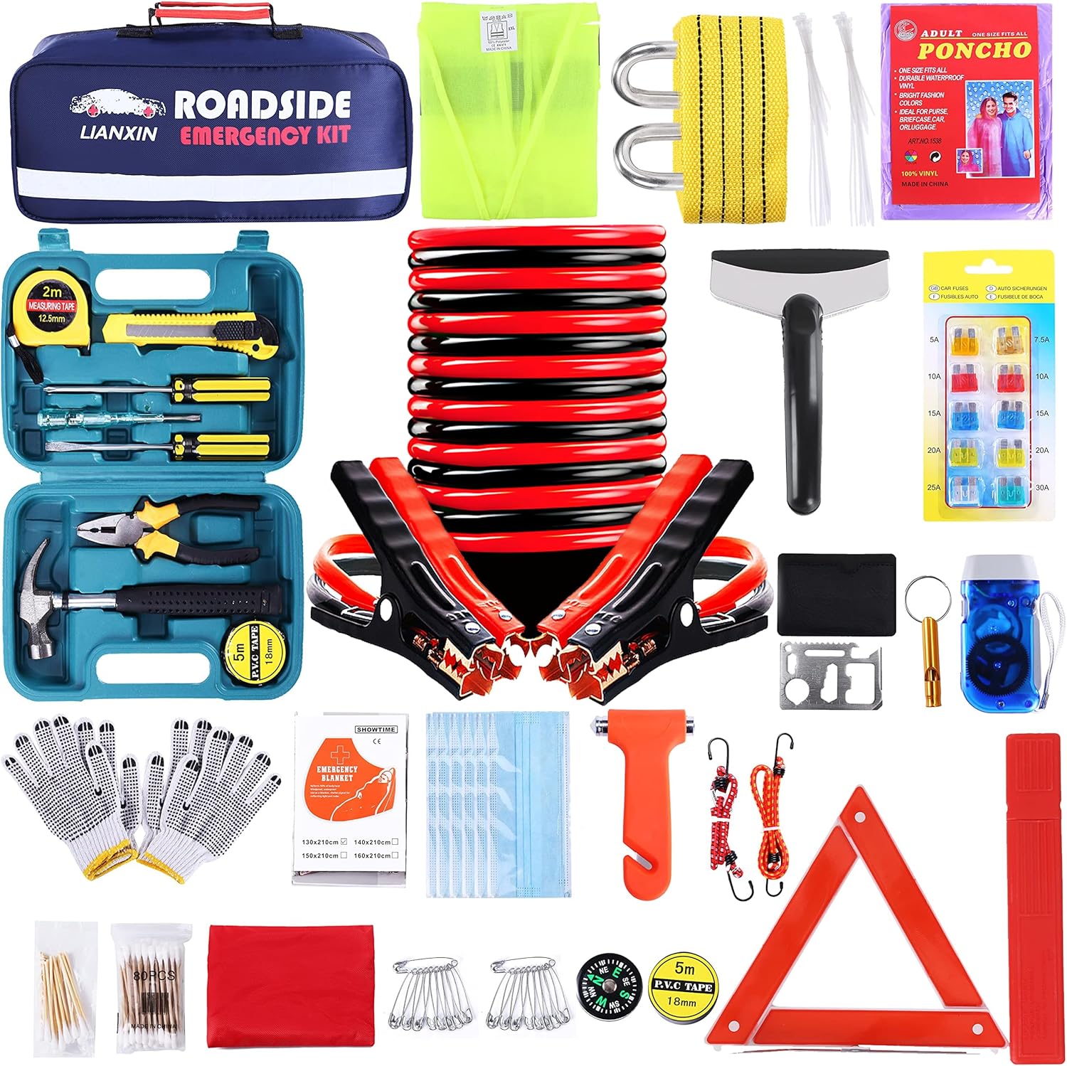 Roadside Assistance Emergency Kit with Jumper Cables for Safety