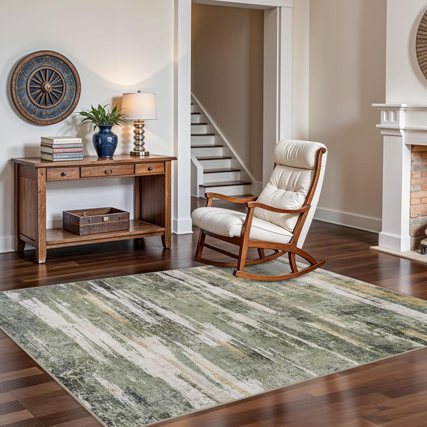 5x7 Green Washable Area Rug - Modern Abstract Soft Home Decor