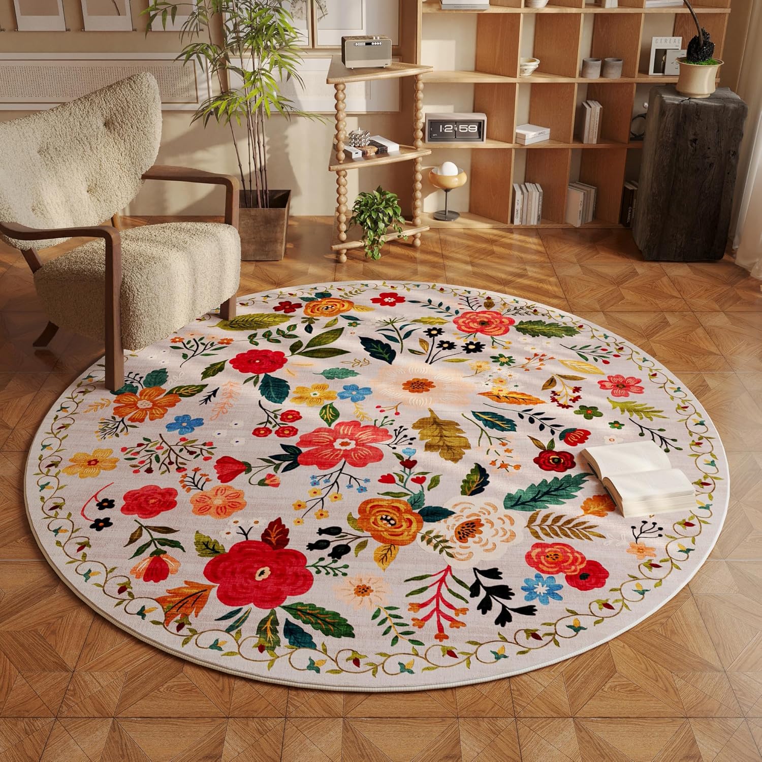 Rugcomf Round Rug 6ft Washable Non Slip Boho Floral Design