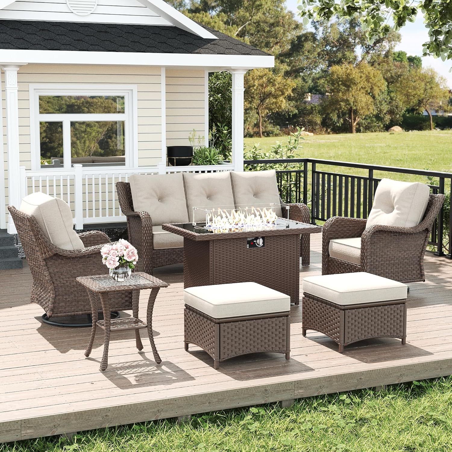 LayinSun 7 Piece Wicker Outdoor Furniture Set with Swivel Chairs