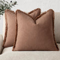 Linen Fringe Throw Pillow Covers Set of 2 - Cozy Boho 26x26 in