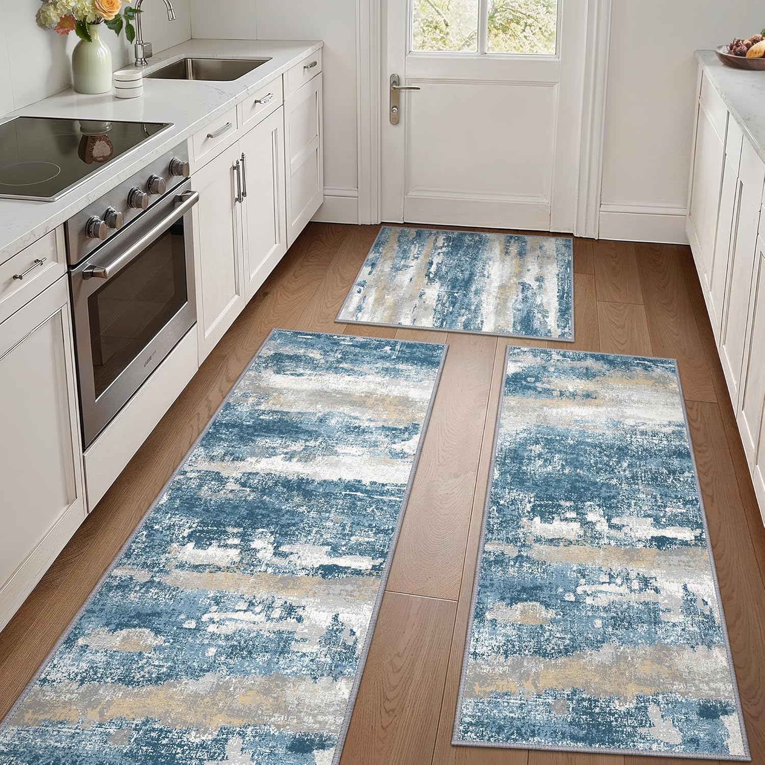 GENIMO Kitchen Rugs Sets of 3 Non Slip Washable Mats for Floor