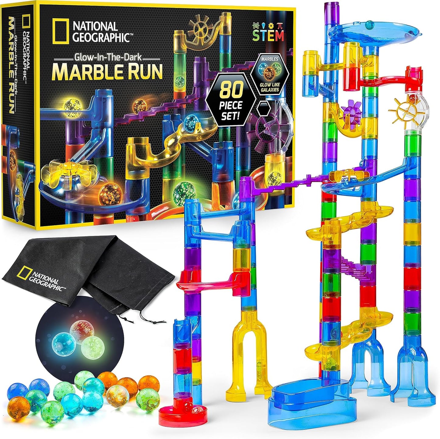 Glowing Marble Run Set | 15 Glow-in-the-Dark Marbles, STEM Toy