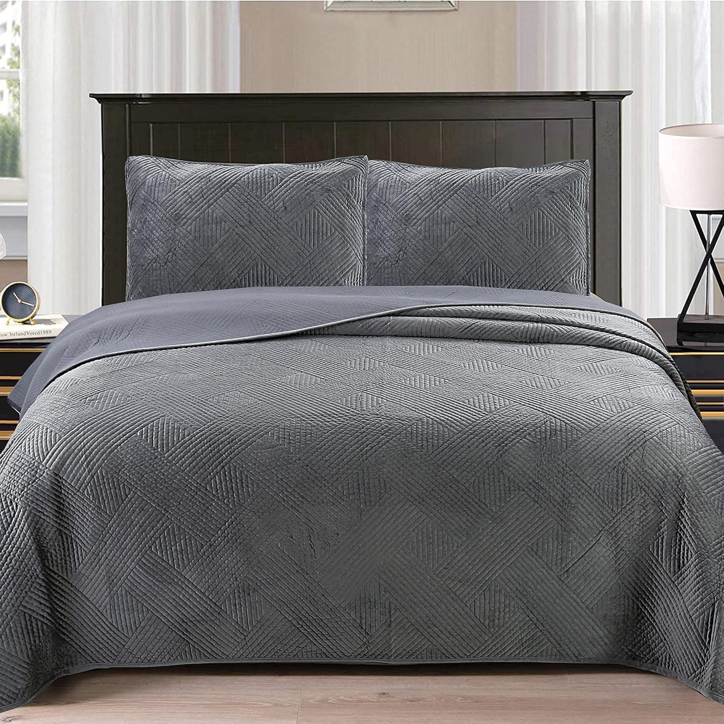 Cozy Line Home Fashions Dark Gray Velvet Basketweave Quilt Set