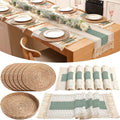Boho Placemats 6 Set with Runner and Rattan Basket - Rustic Dining Set