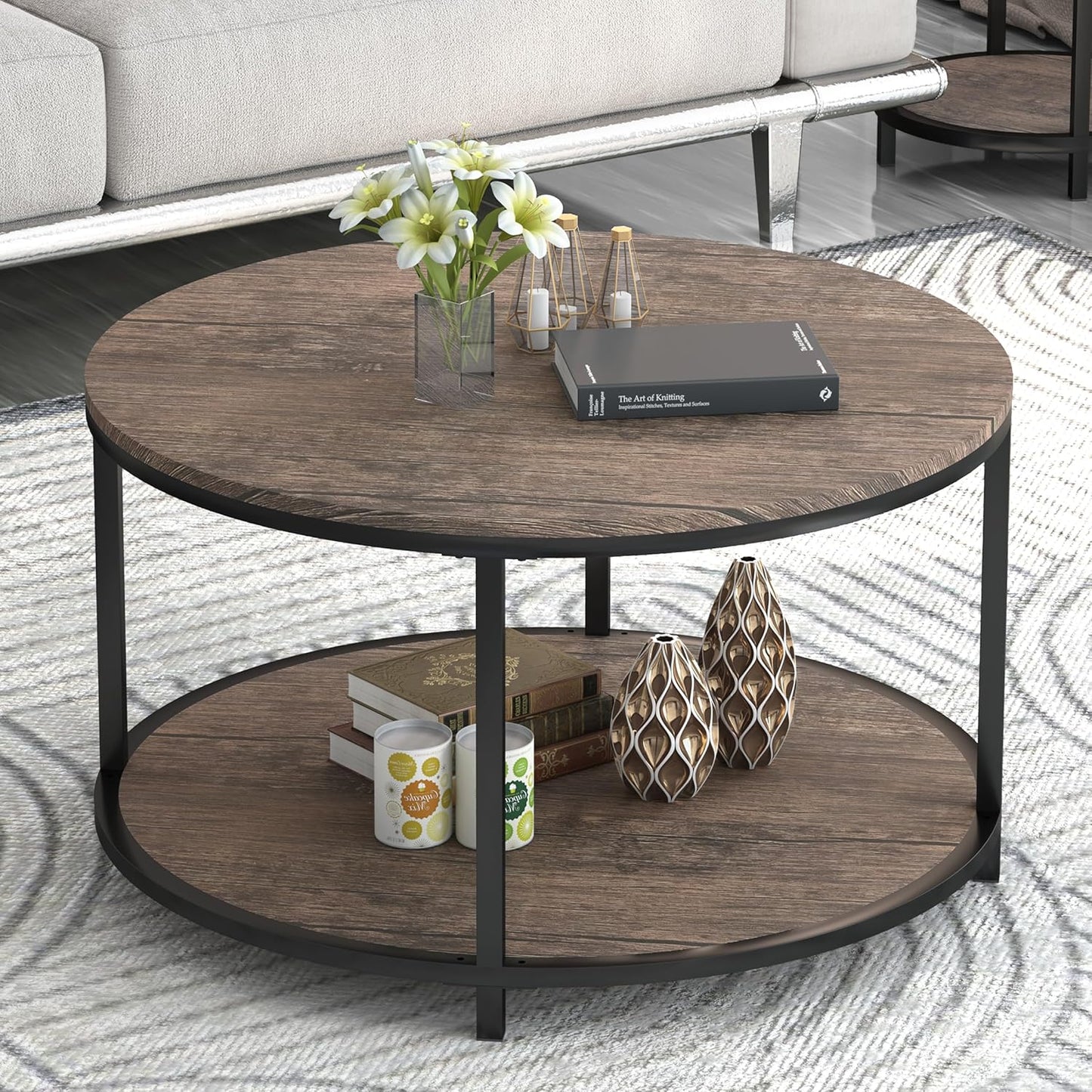 Rustic Round Coffee Table with Storage Shelf for Living Room