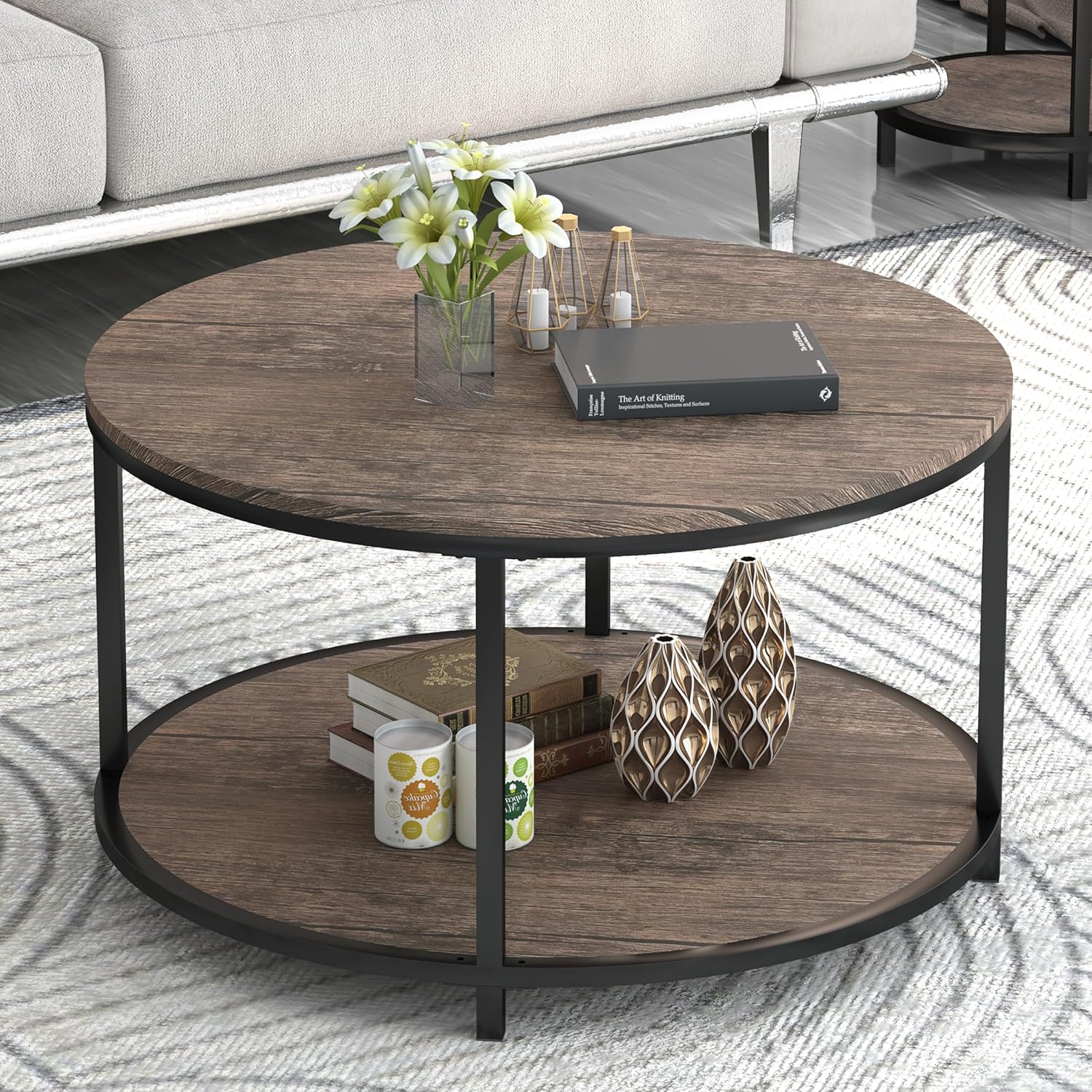 Rustic Round Coffee Table with Storage Shelf for Living Room