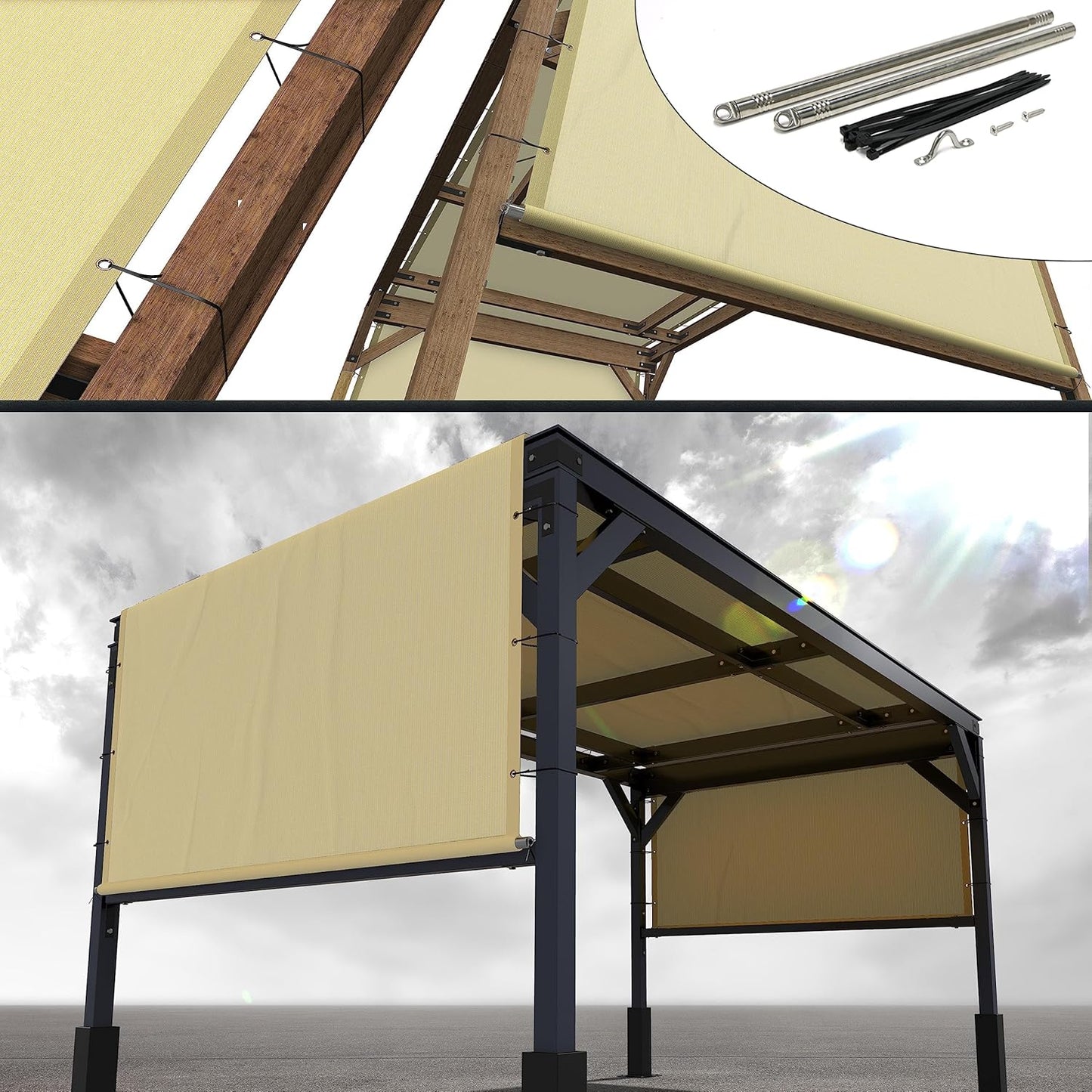 Versatile 8ft W x 26ft L Beige Pergola Sun Shade Canopy Cover