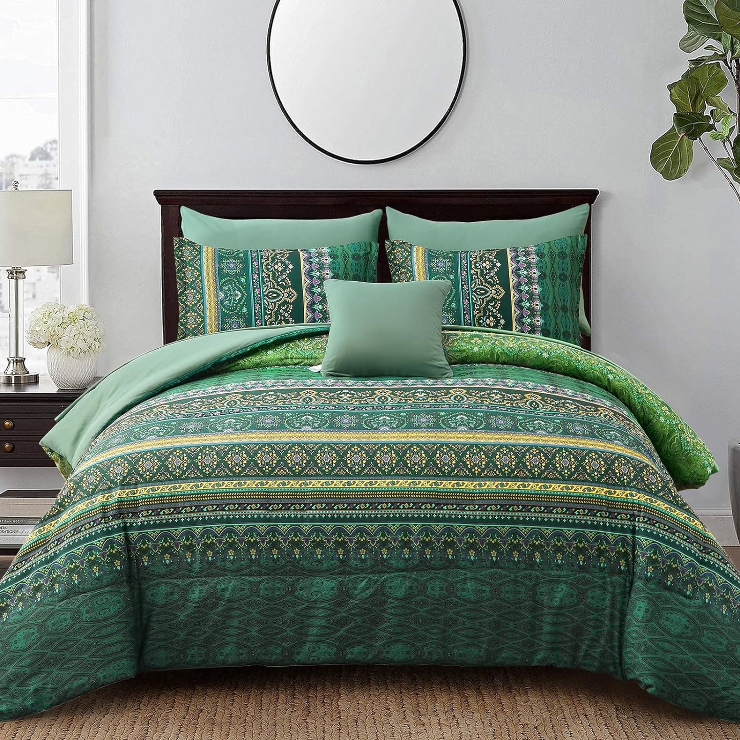 Boho Green Comforter Set King Size for Cozy Bedroom Decor