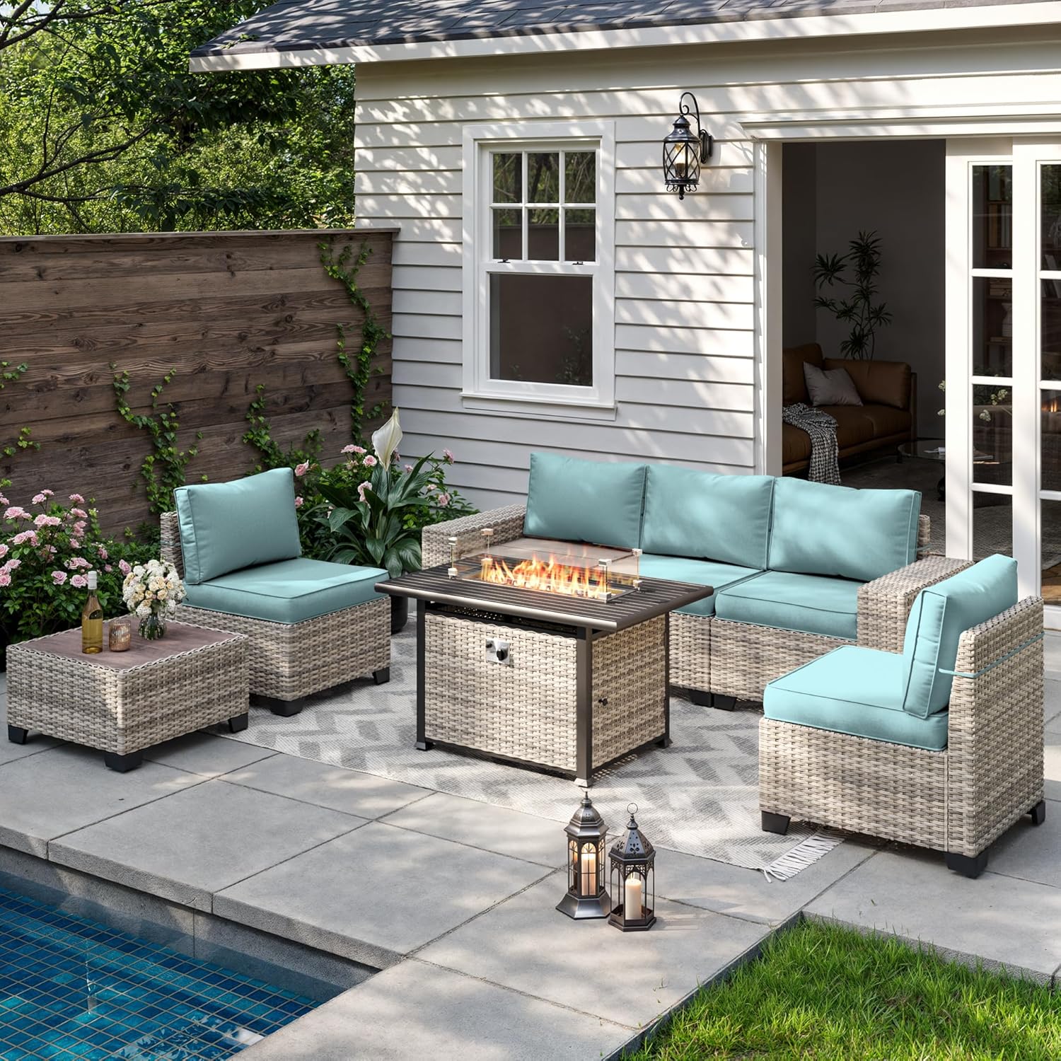 7-Piece Outdoor Patio Furniture Set with Fire Pit Table