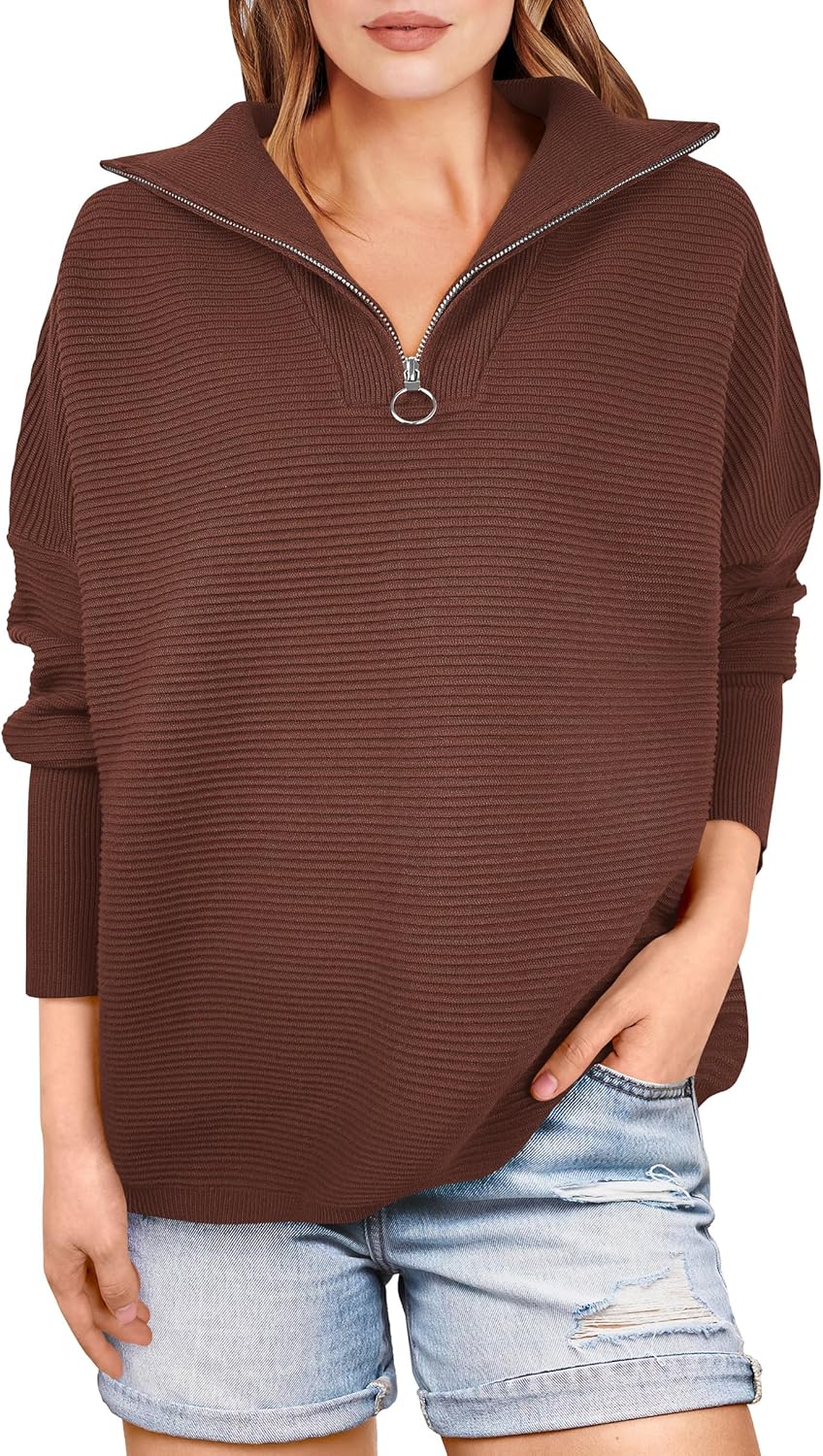 ANRABESS Women Quarter Zip Oversized Cozy Pullover Sweater