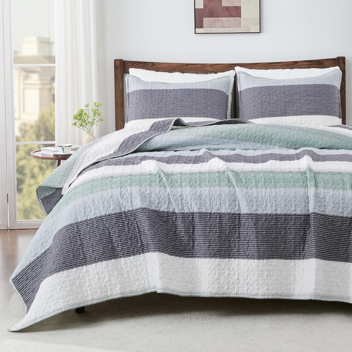 Andency Stripe Quilt Set Twin Soft Microfiber Bedspread Coverlet