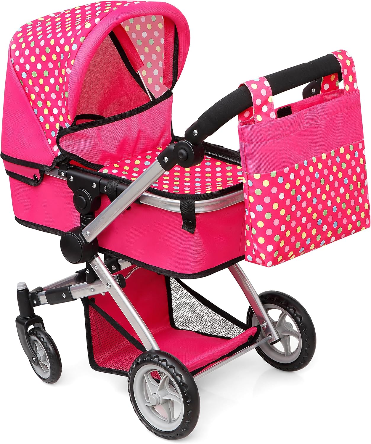 Foldable Pram for Baby Doll with Polka Dots Design and Wheels
