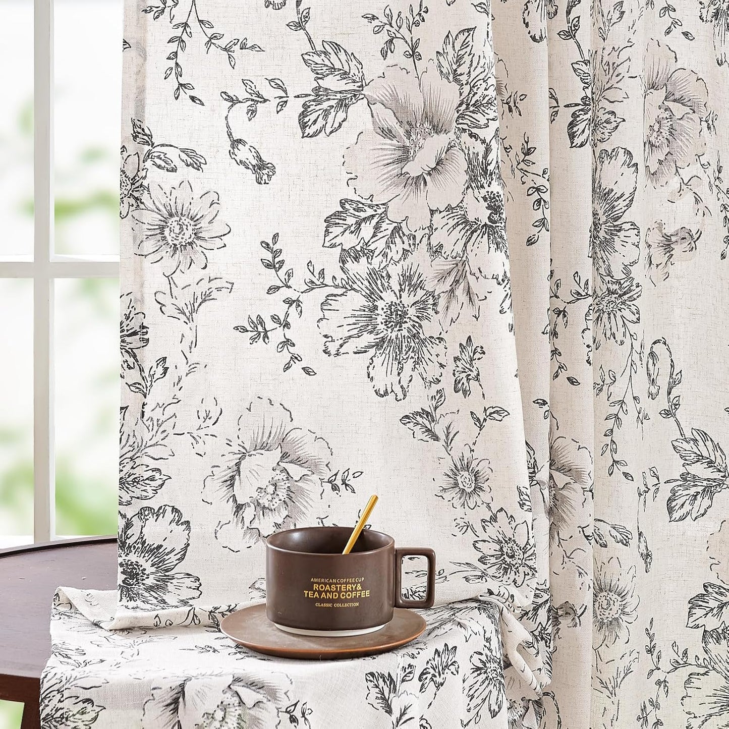Floral Linen Blend Curtains for Living Room and Bedroom Decor