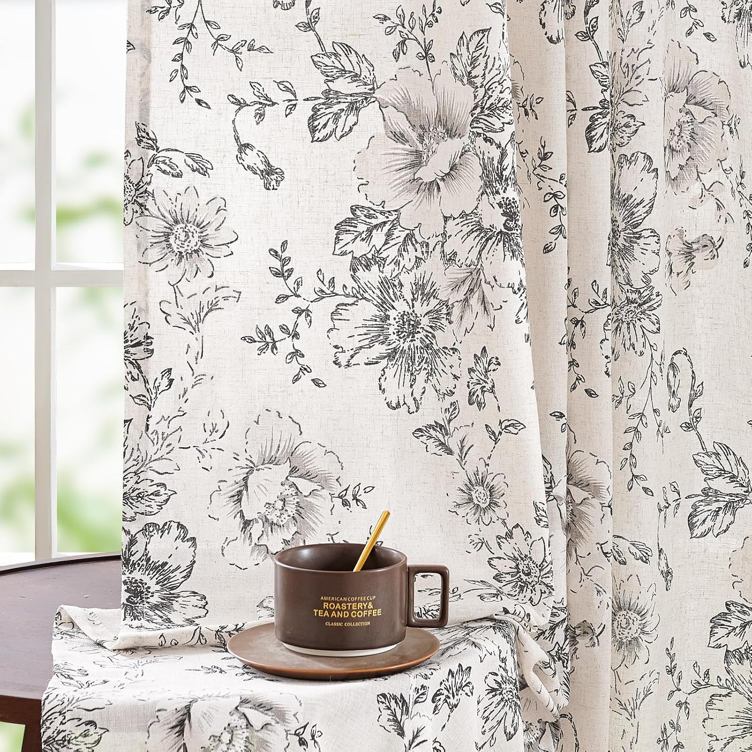 Floral Linen Blend Curtains for Living Room and Bedroom Decor