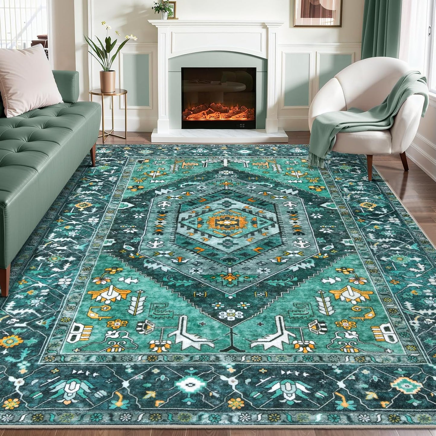 SERISSA Washable 8x10 Area Rug in Teal for Stylish Home Decor