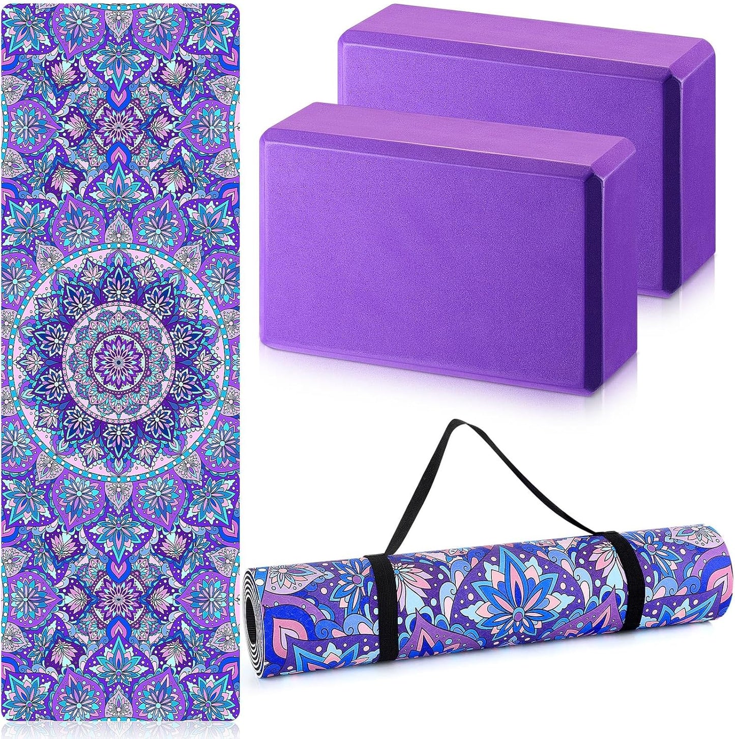 Non-slip 6mm Thick Purple Yoga Mat Set