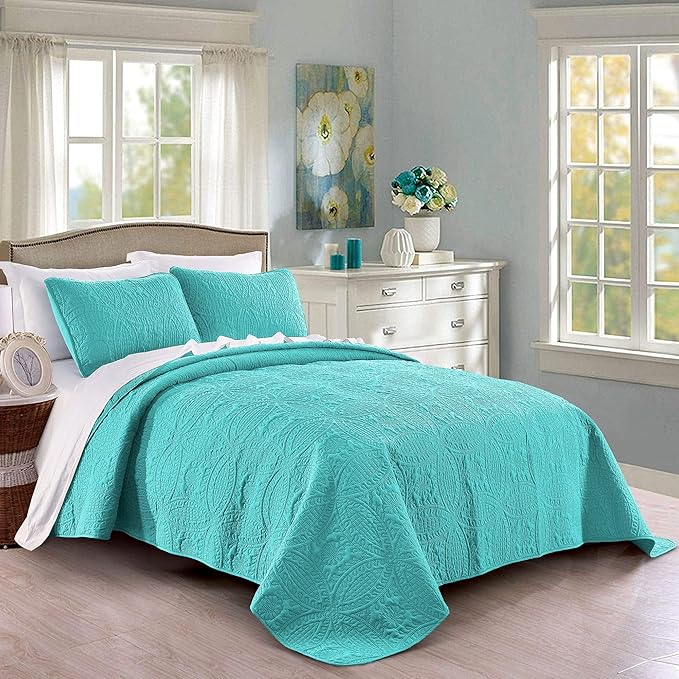 Pure Bedding Quilt Set Full/Queen Size Aqua - Soft Microfiber