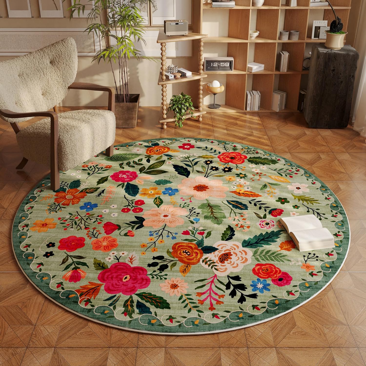 Round 6ft Washable Circle Rug Non Slip Boho Floral Design
