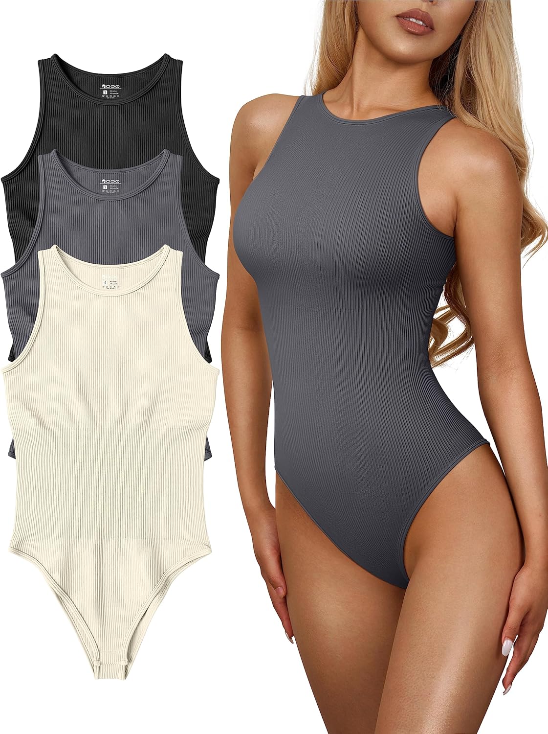 OQQ Women's 3 Piece Bodysuits Sexy Ribbed One Piece Tops