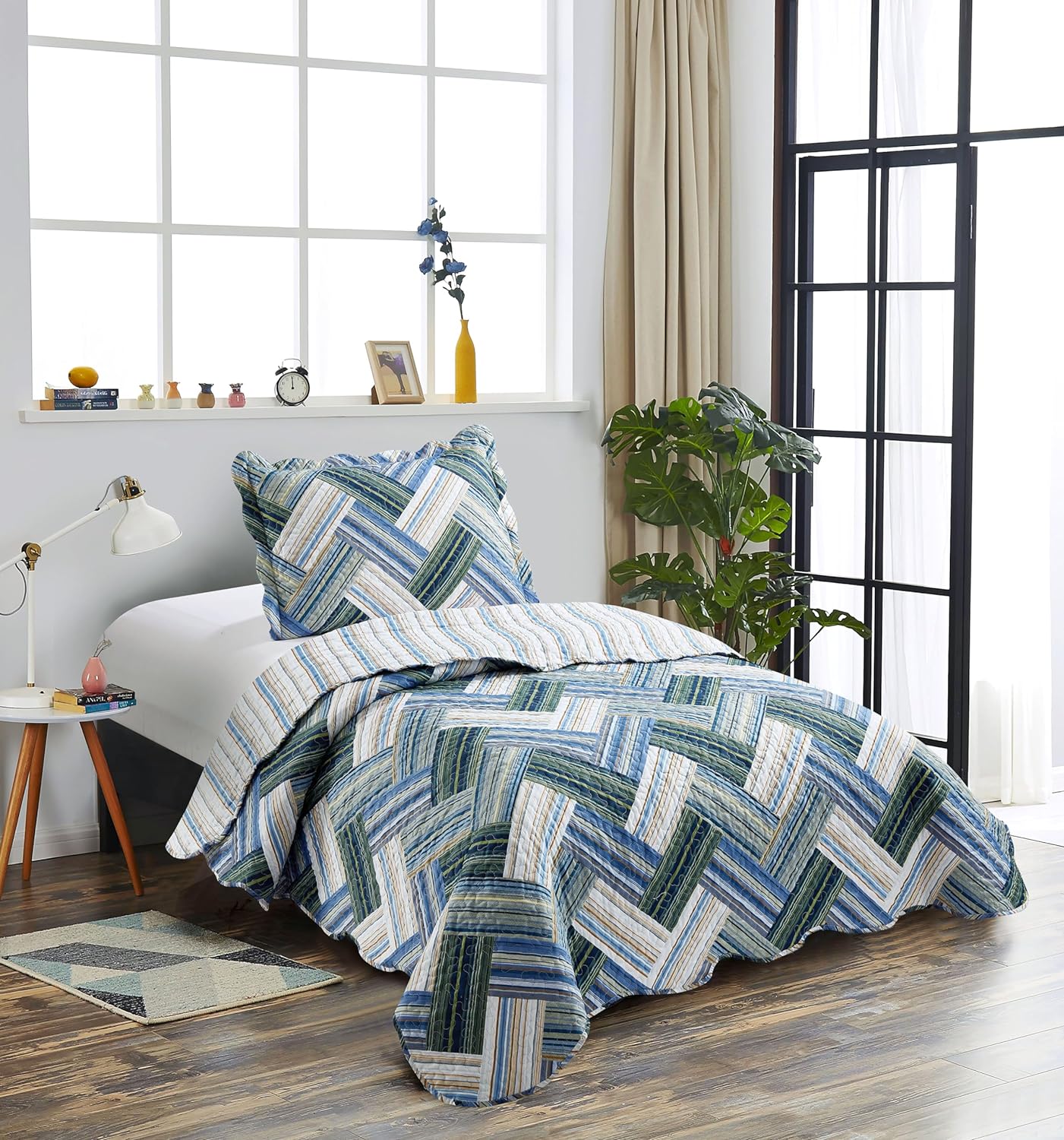 Brilliant Sunshine Teal Herringbone Patchwork Twin Quilt Set