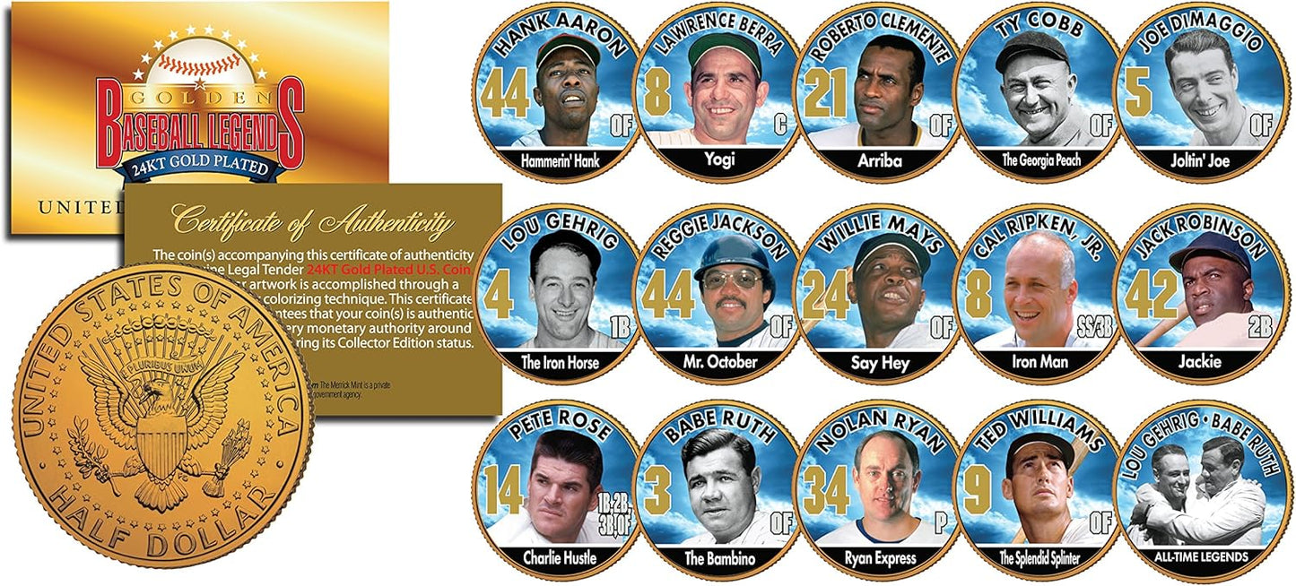 Golden Baseball Legends 15-Coin Set with JFK Half Dollars