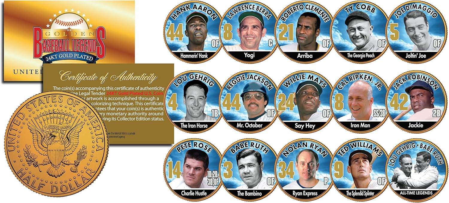 Golden Baseball Legends 15-Coin Set with JFK Half Dollars