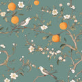 Green Floral Wallpaper Peel and Stick Birds & Orange Fruits - Vintage