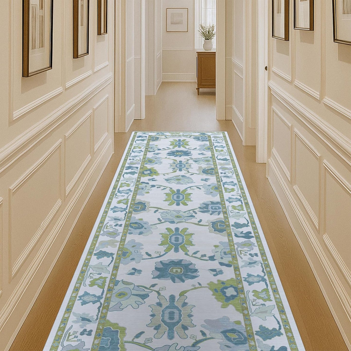 Vintage Turkish Eclectic Floral Green Oushak Area Rug for Home