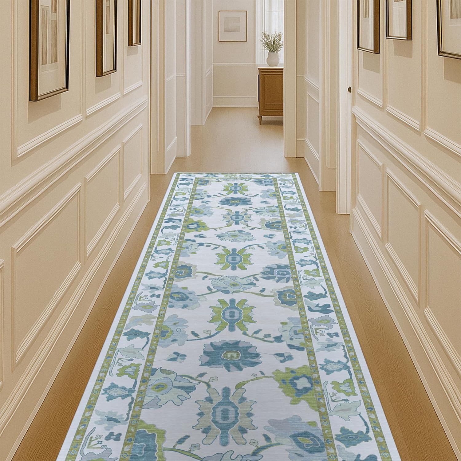 Vintage Turkish Eclectic Floral Green Oushak Area Rug for Home