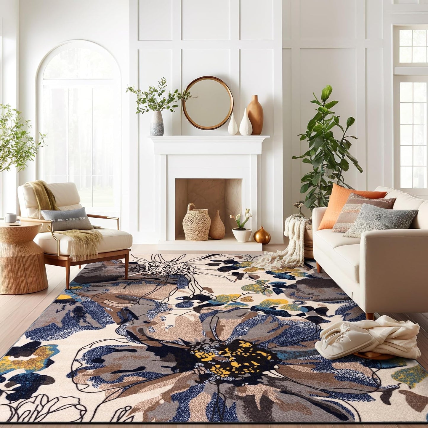 Rugshop Cream Bright Flowers Non Slip Area Rug for Living Room