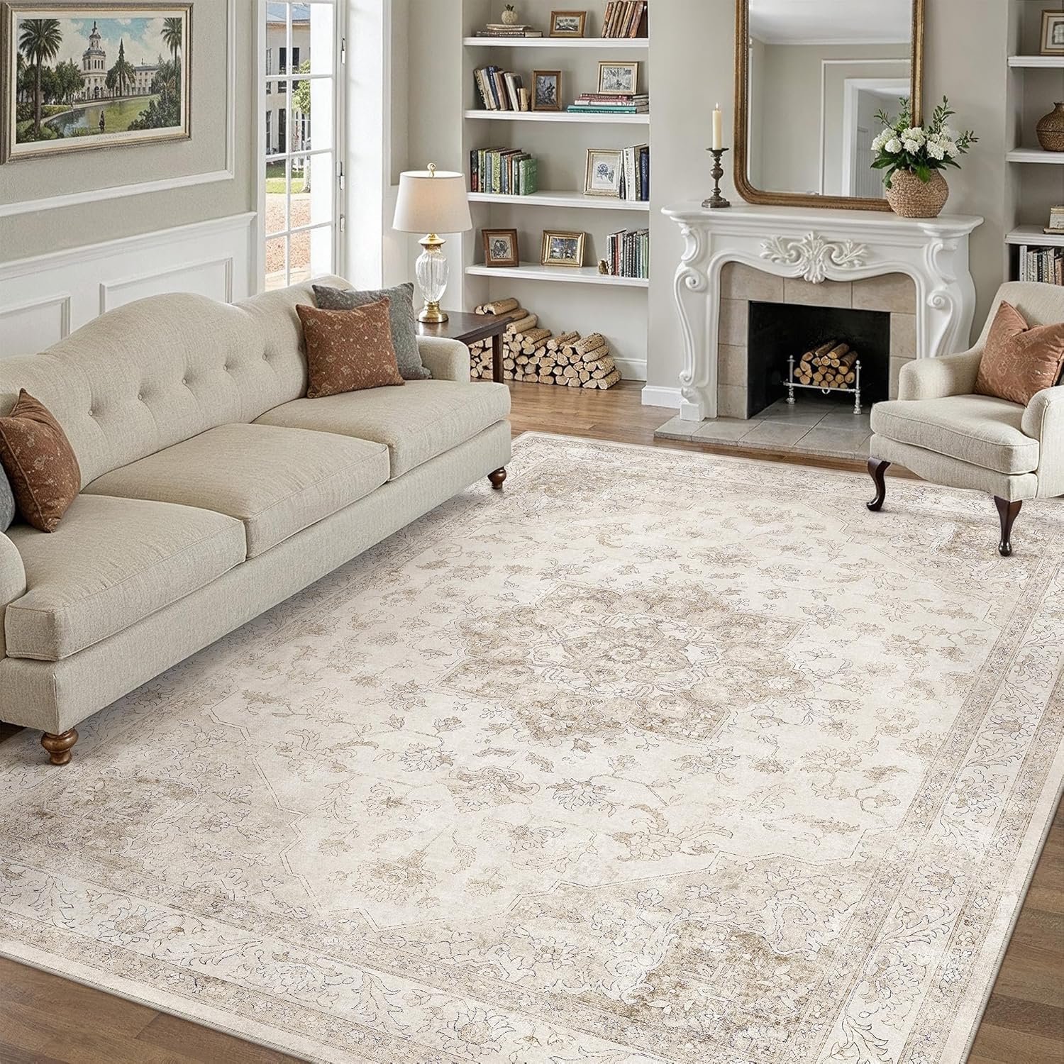 Beige Area Rug 10x12 Washable Vintage Non Slip Soft Carpet