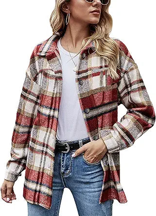 Yeokou Women's Fall Color Block Plaid Flannel Shacket Jacket