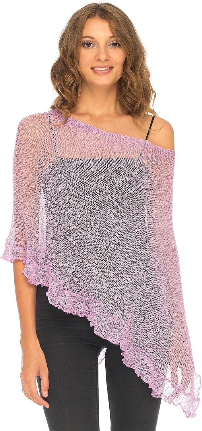 Lightweight Knit Ruffle Pullover Poncho Top for Women