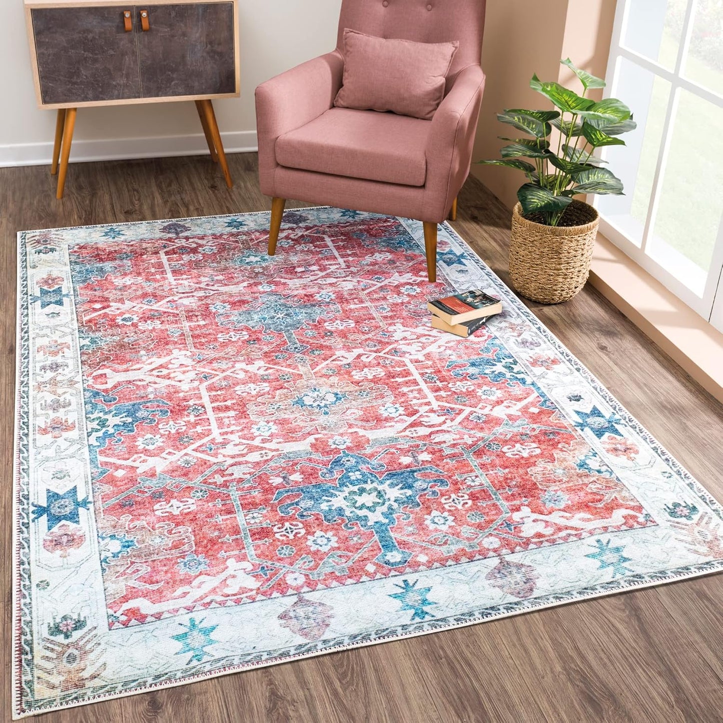 Washable Non-Slip 9ft x 12ft Red/Blue Traditional Area Rug