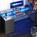 55 Inch Computer Desk with Power Outlets and LED Lights - Compact