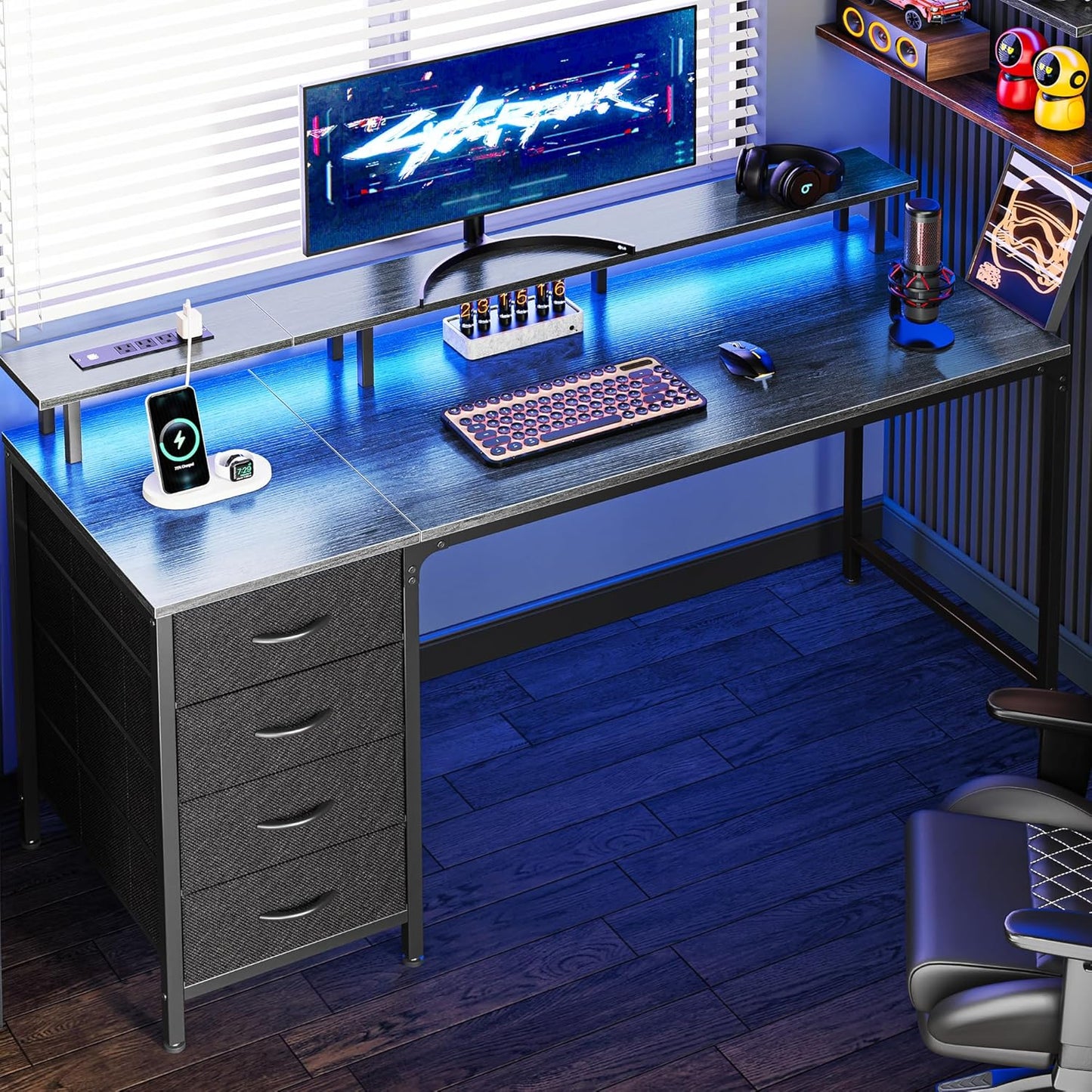 Huuger 55 Inch Computer Desk with LED Lights and Power Outlets