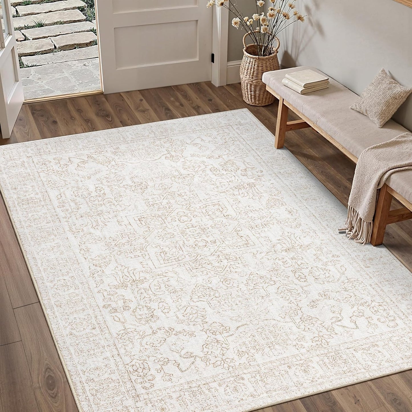 HUGEAR Vintage Floral Medallion Rug - 5x7 ft Washable Non-Slip Low Pile