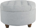 Button Tufted Woven Round Storage Ottoman - Light Blue Accent