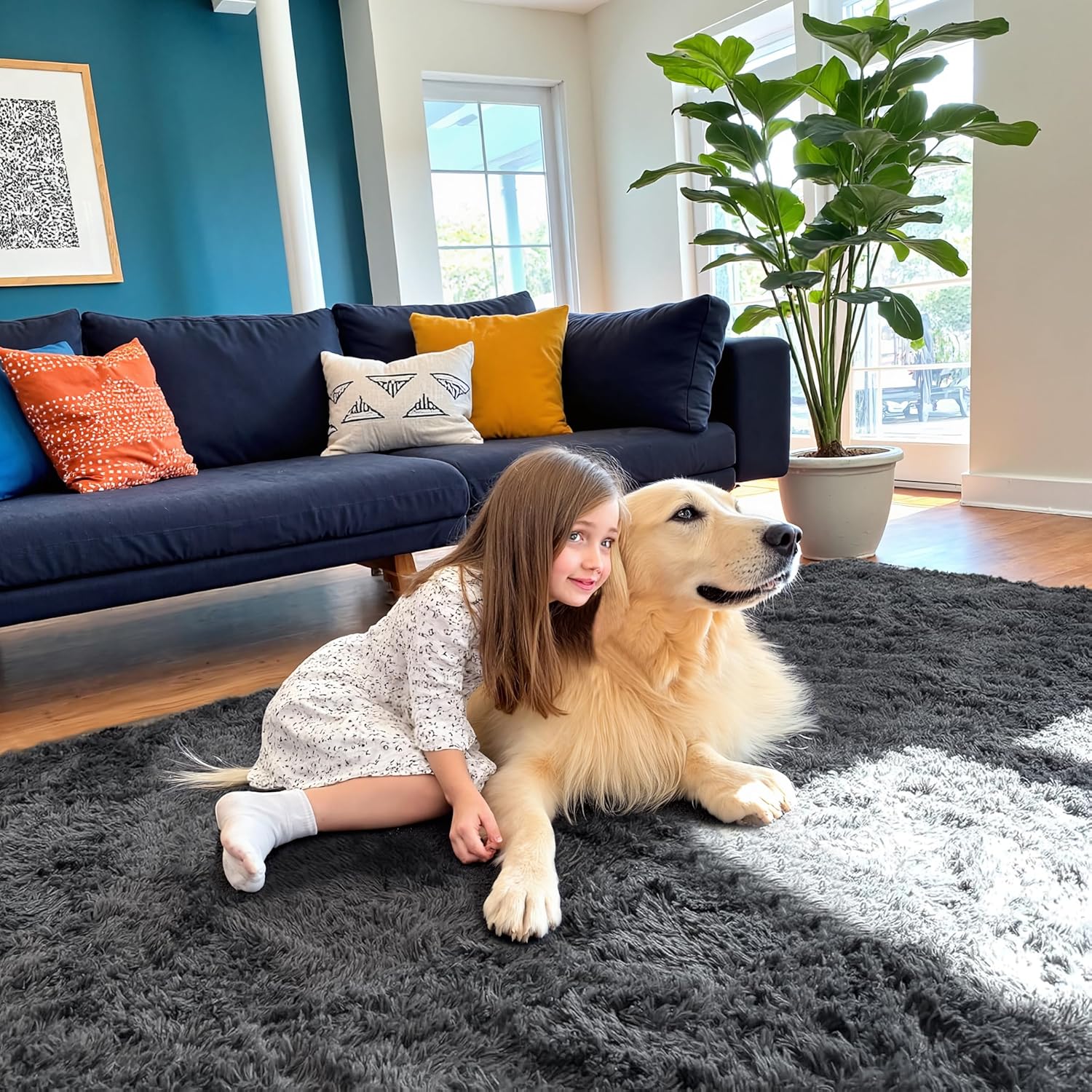 5x7 Area Rug for Living Room, Modern Grey Super Shag Soft