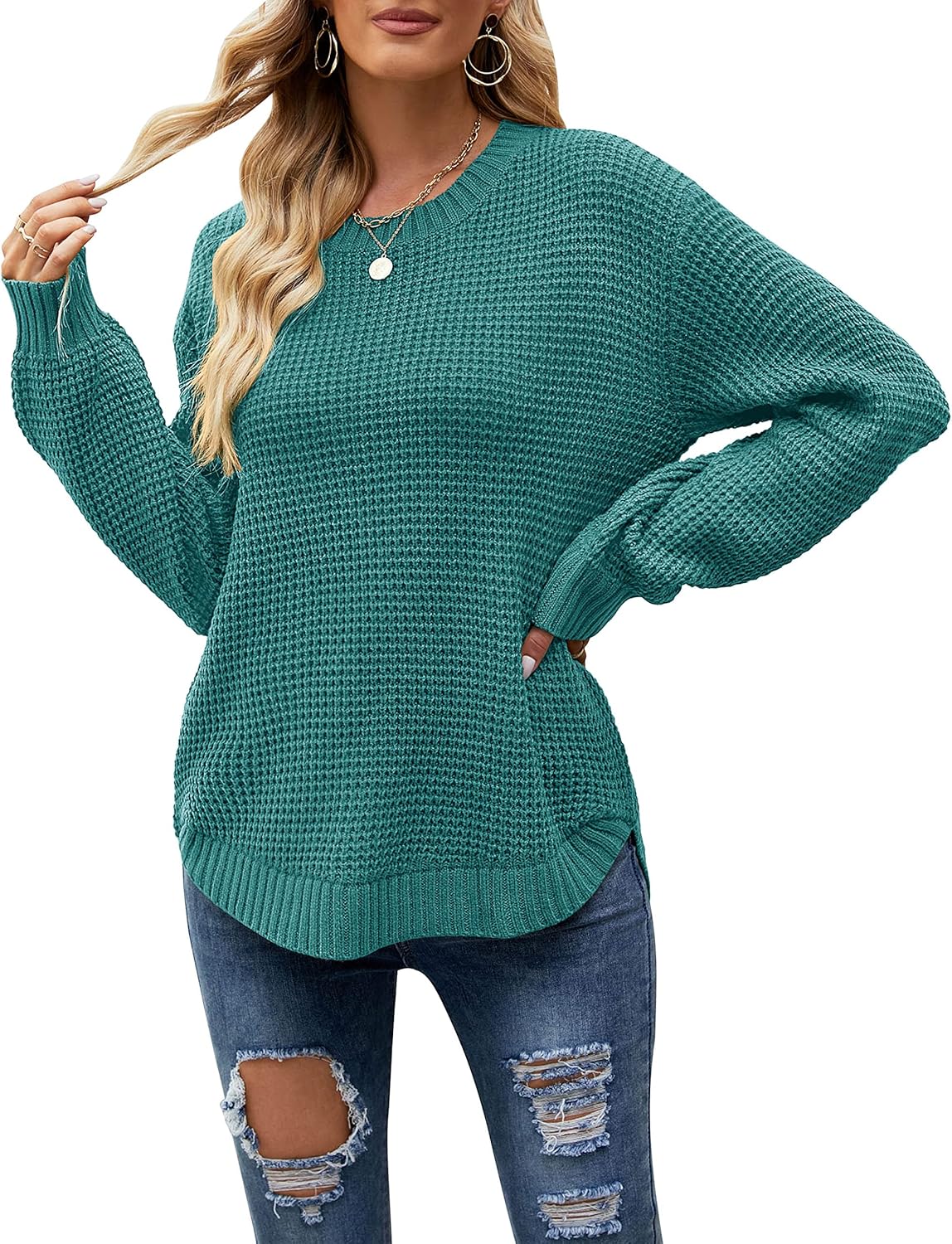 Waffle Knit Pullover Tops for Women - Casual Fall Sweater