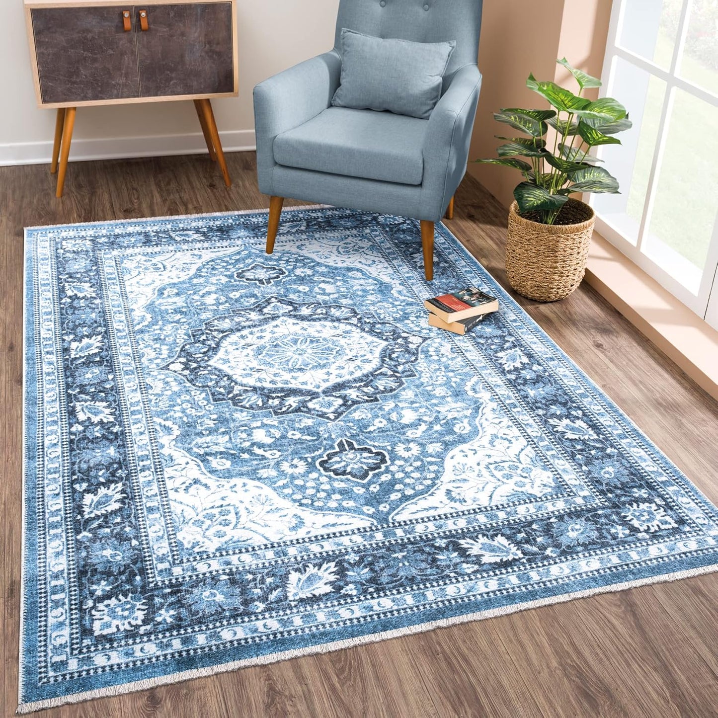 Caria Washable Non-Slip 4x6 Rug - Blue Traditional Area Rug