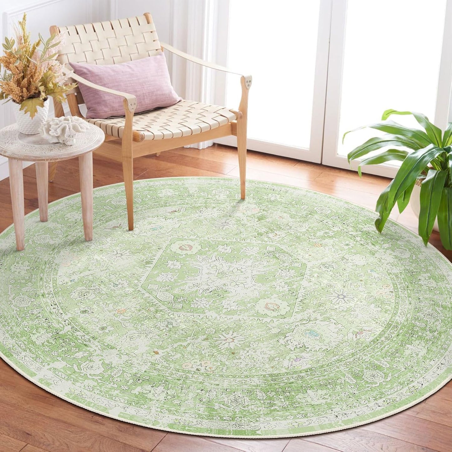 MUJOO Round Rug 5ft Soft Sage Green Floral Area Rug for Home