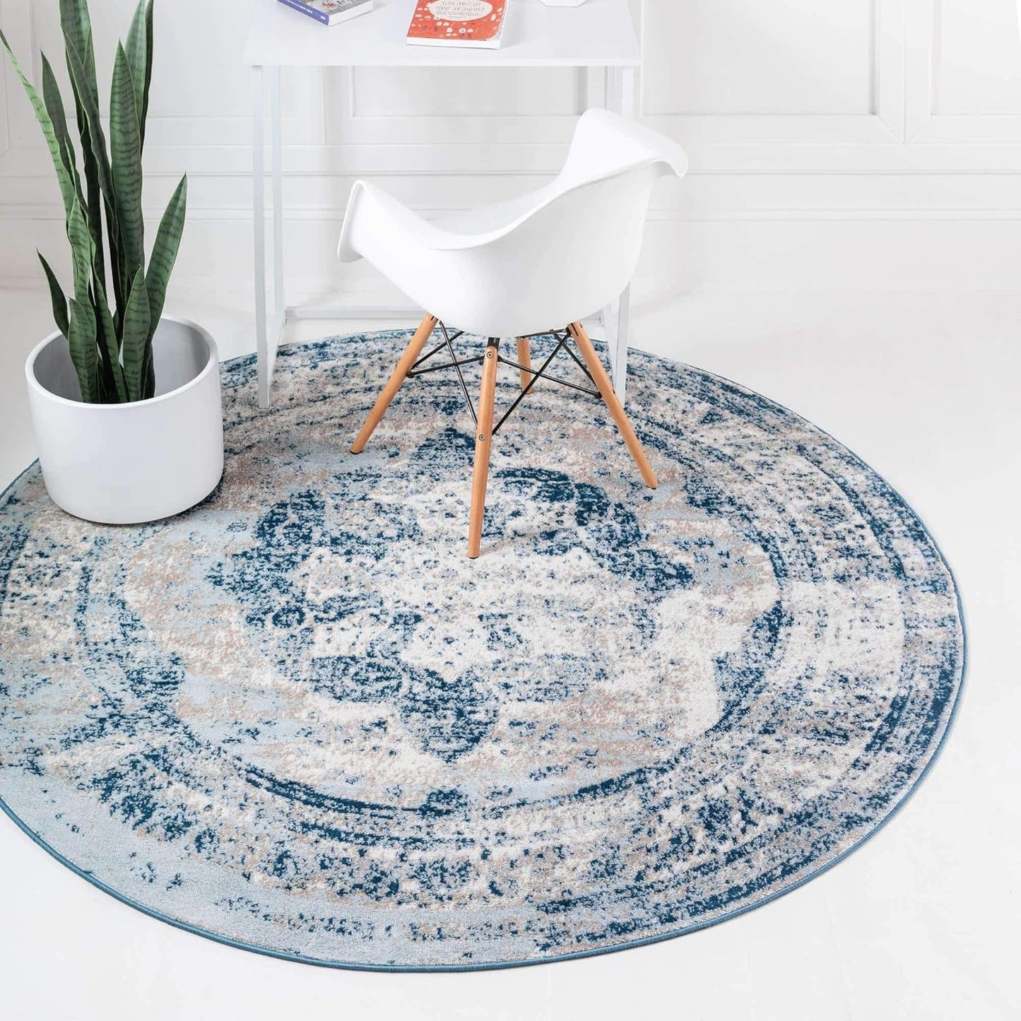 Unique Loom Sofia Collection Area Rug - Round Blue/Ivory Design
