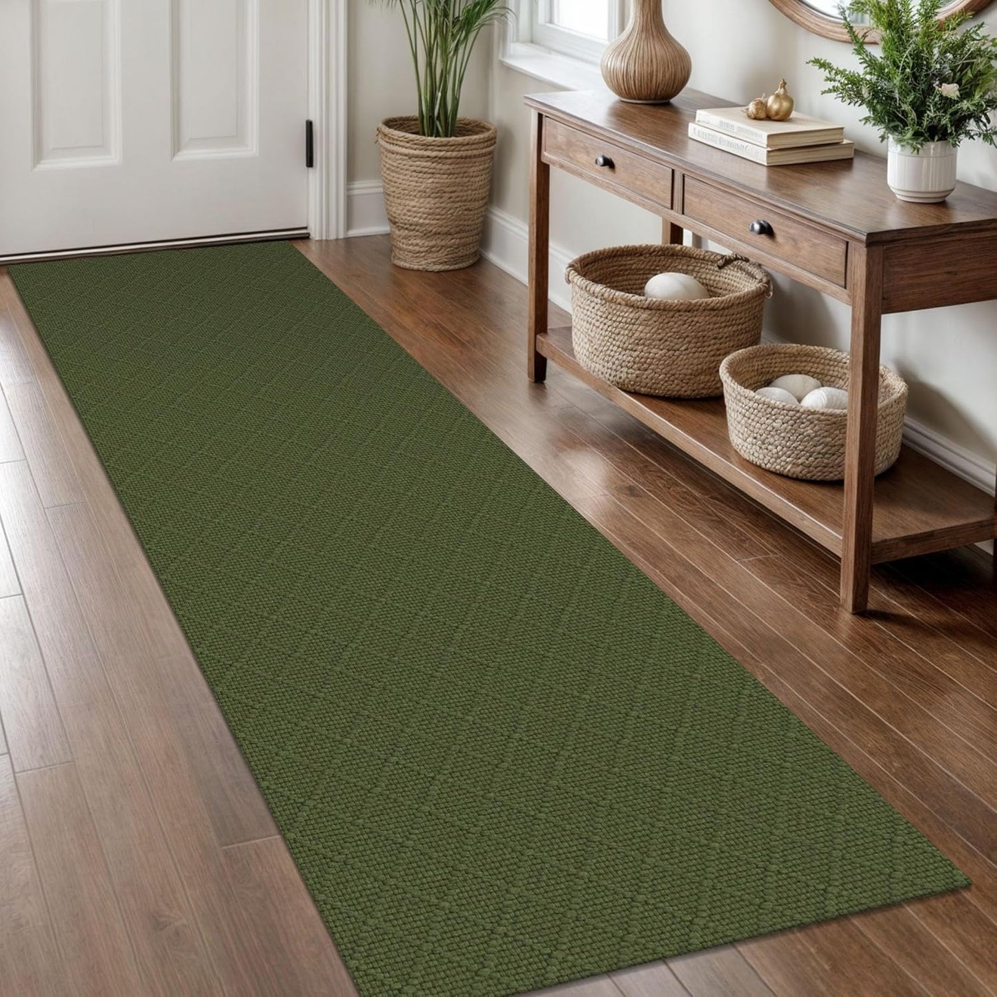 KOZYFLY Runner Rug 2x8 Ft Washable Non Slip Dark Green