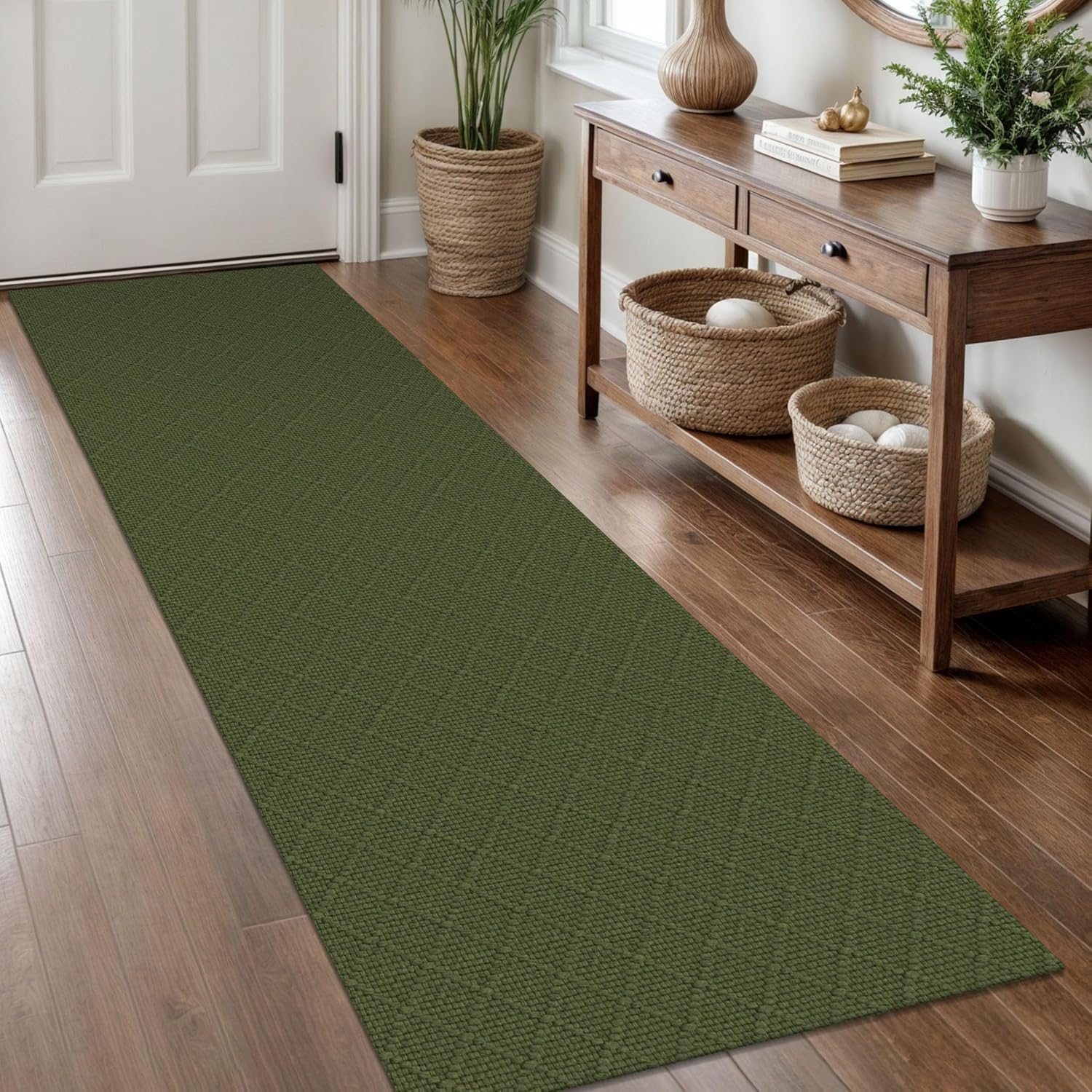 KOZYFLY Runner Rug 2x8 Ft Washable Non Slip Dark Green
