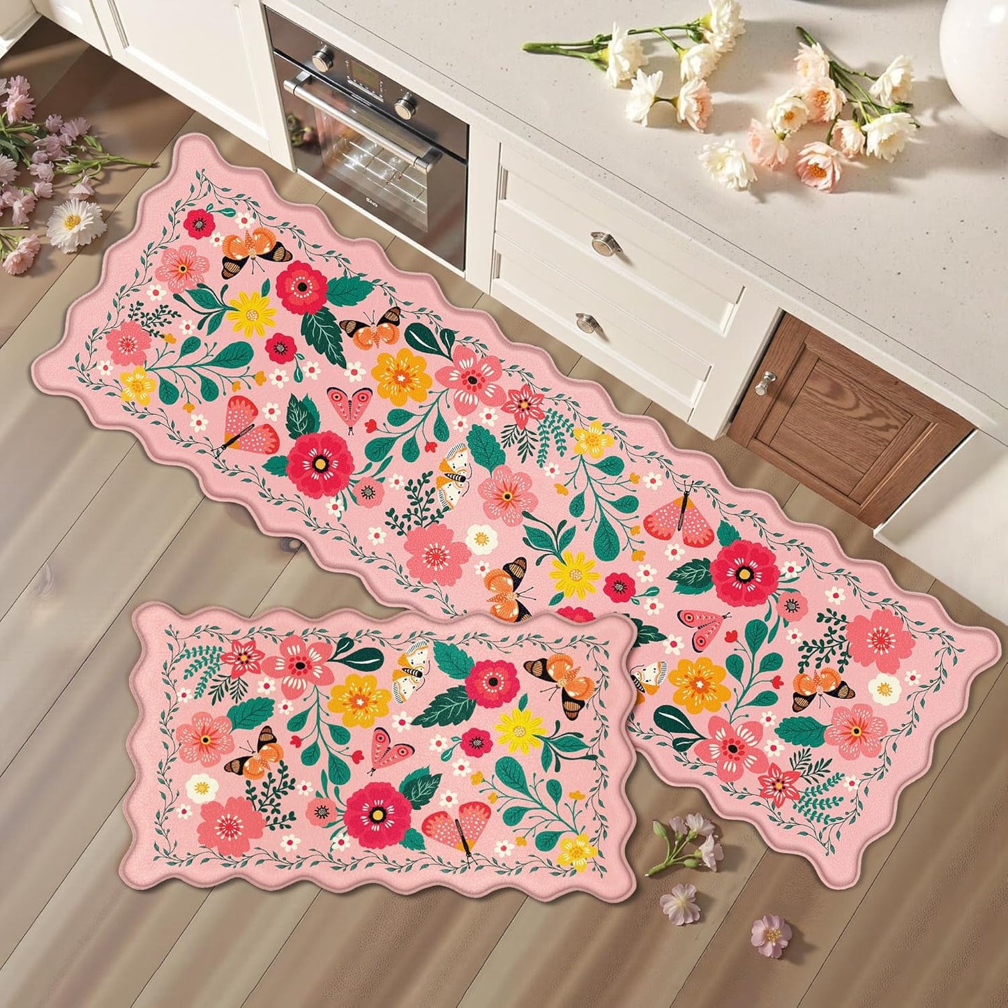 Scalloped Pink Kitchen Mats for Floor - Cushioned Anti Fatigue