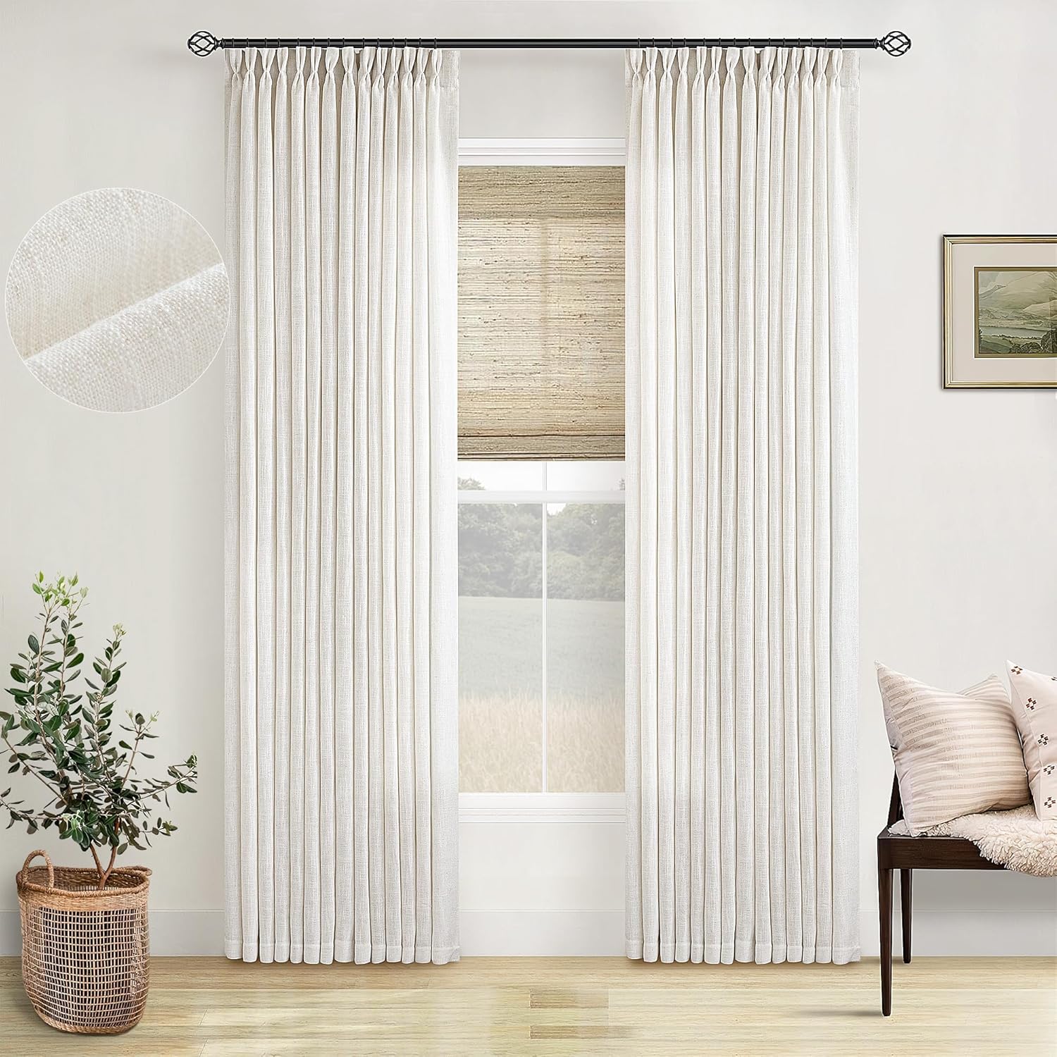 Pinch Pleated Linen Curtains 96 Inches Long for Living Room