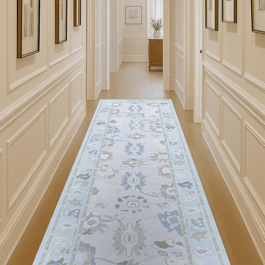 Cream Blue Oushak Runner Rug for Hallway and Kitchen Use